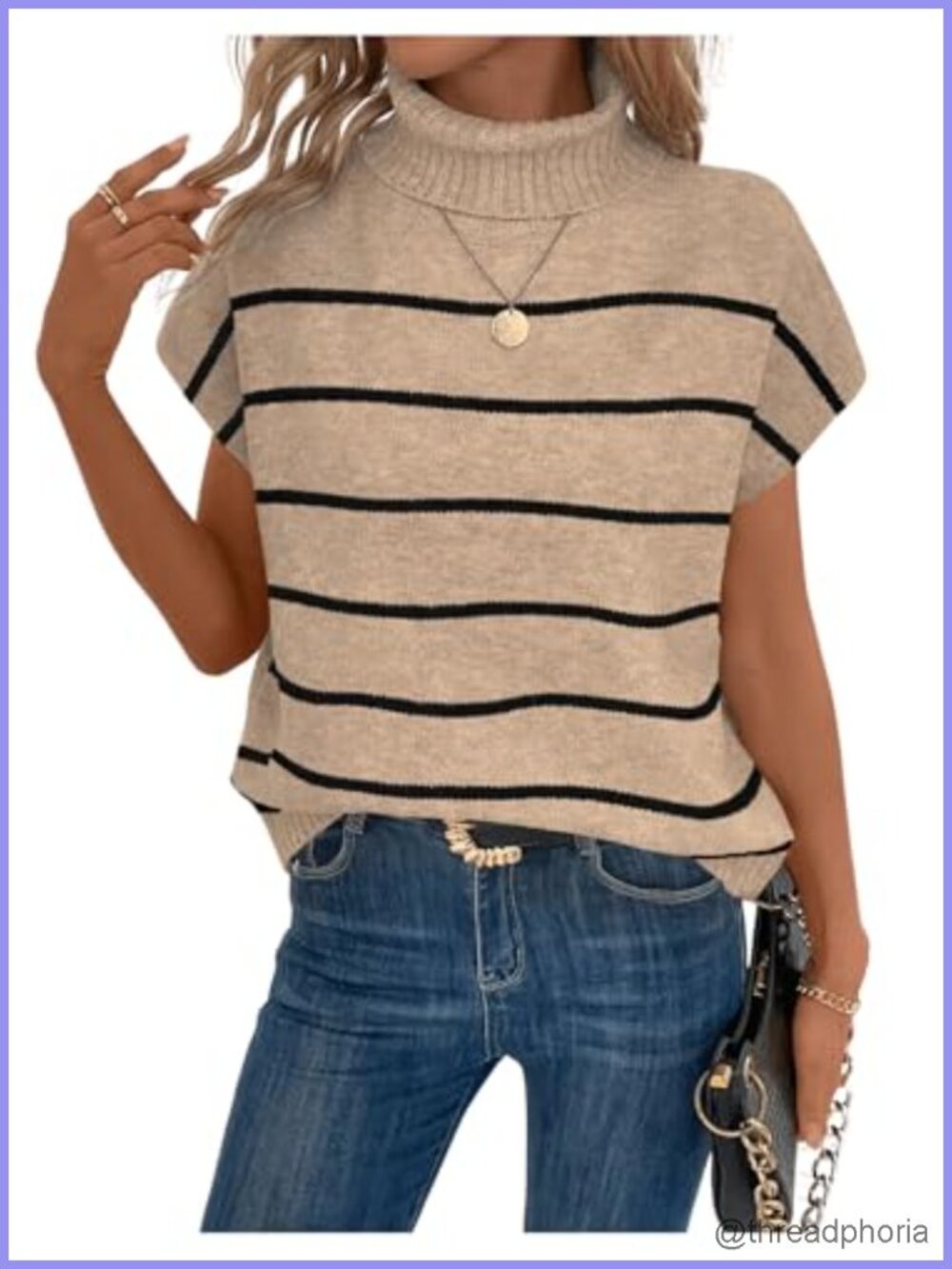 Oversized Turtleneck Sweater Vest Knit Pullover Cap Sleeve